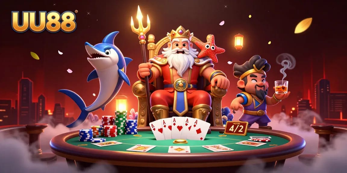 UU88 showcases immersive poker action with Neptune and vibrant casino elements in this captivating scene.