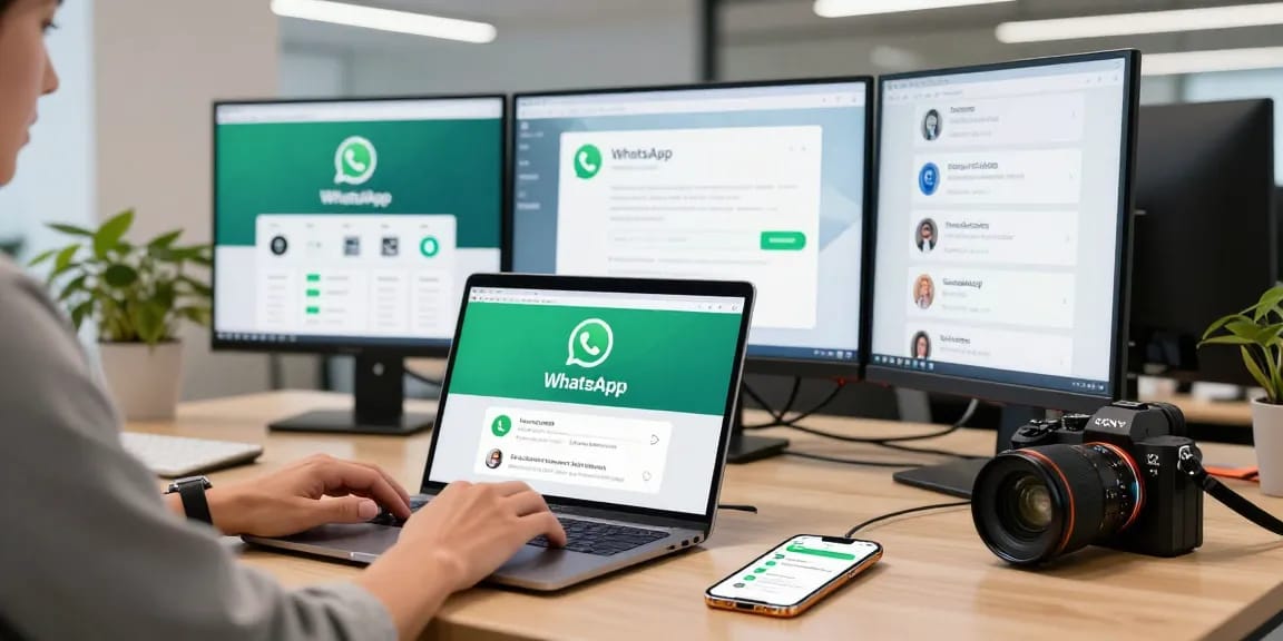 Dynamic tech workspace with a person downloading WhatsApp下載 on a laptop, showcasing modern connectivity.