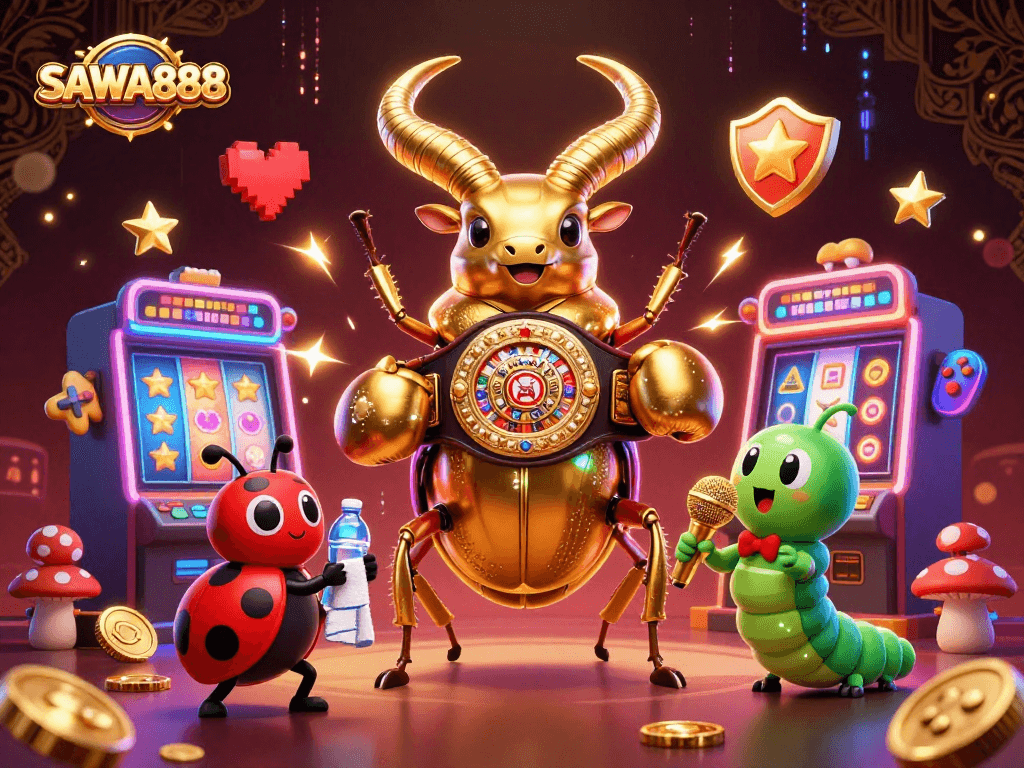 Experience the thrill of SAWA888 with this dynamic casino scene featuring vibrant games and engaging characters.