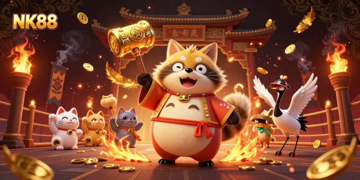 Experience excitement at NK88 with cheerful tanuki and samurai crane amid vibrant casino action.
