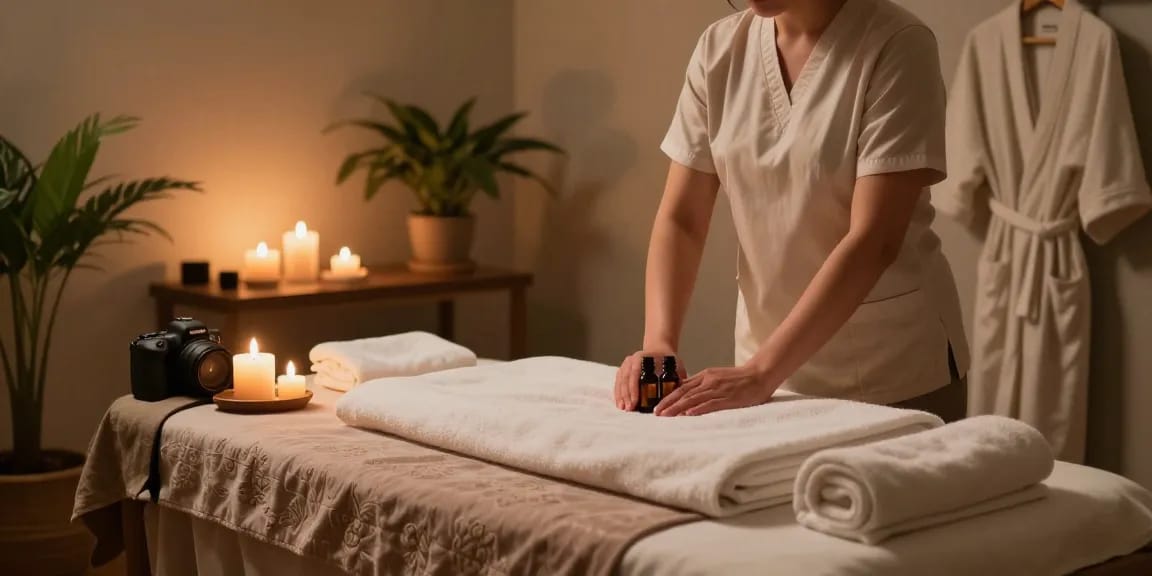 부천출장마사지 in a serene home spa with calming oils and ambient lighting, inviting relaxation.