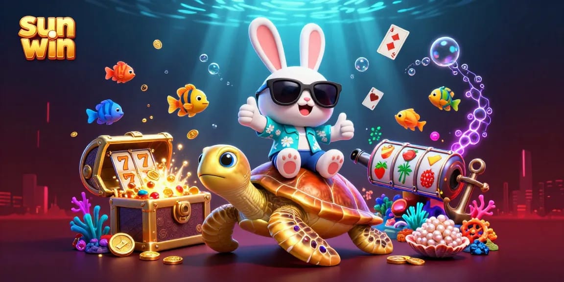 Experience sun win excitement with the lucky rabbit and golden turtle in a vibrant casino scene.
