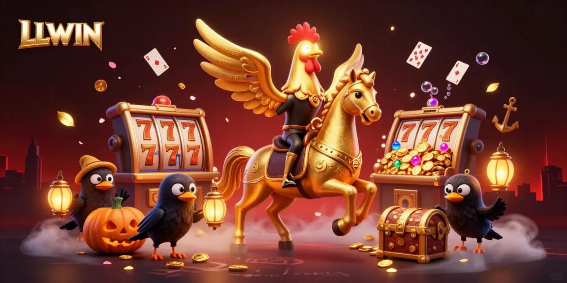 Engage with LLWIN's vibrant gaming world featuring a golden rooster headless horseman amid dynamic slot and treasure elements.