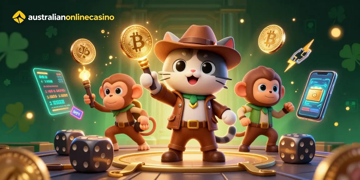 Discover exciting features at australianonlinecasino with a cat archaeologist and monkey exploring a golden casino artifact.