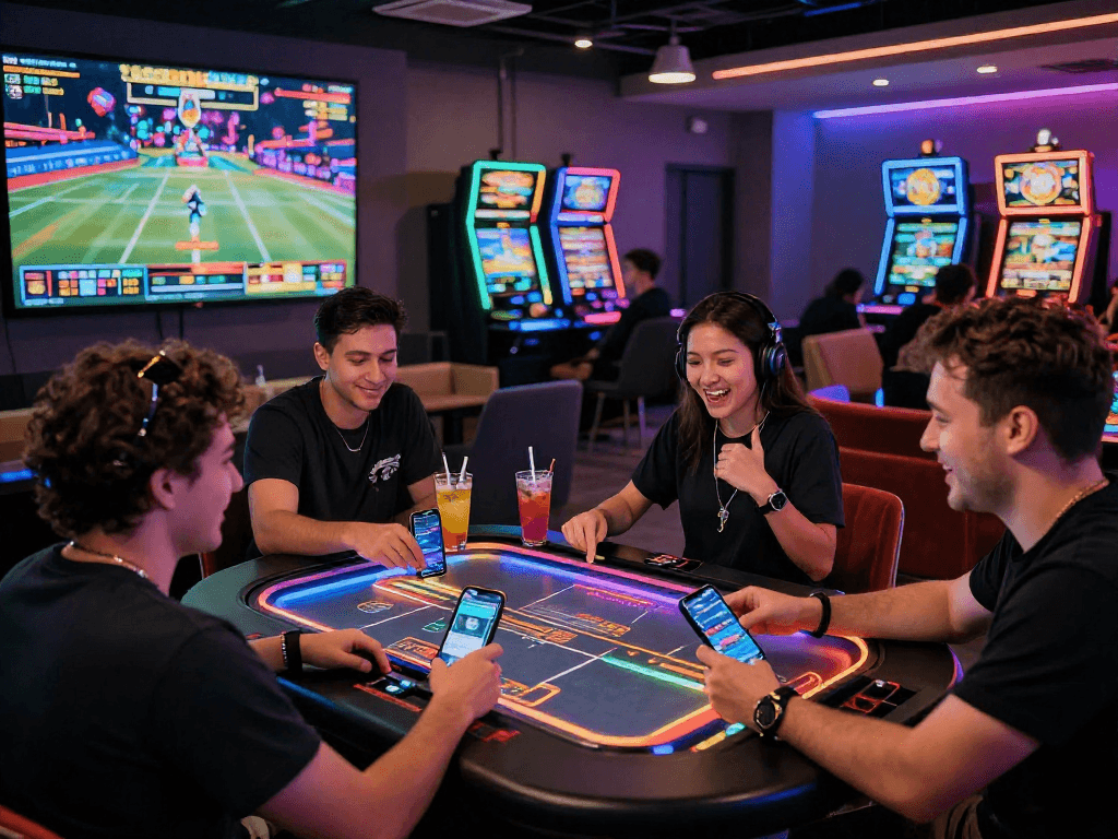 Experience the excitement of a crypto casino with diverse players enjoying interactive games and vibrant atmosphere.