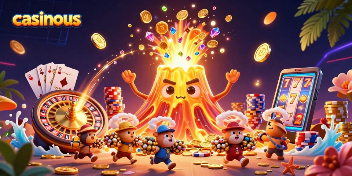 Experience explosive fun at casinous with a golden volcano fountain of coins and poker treasures