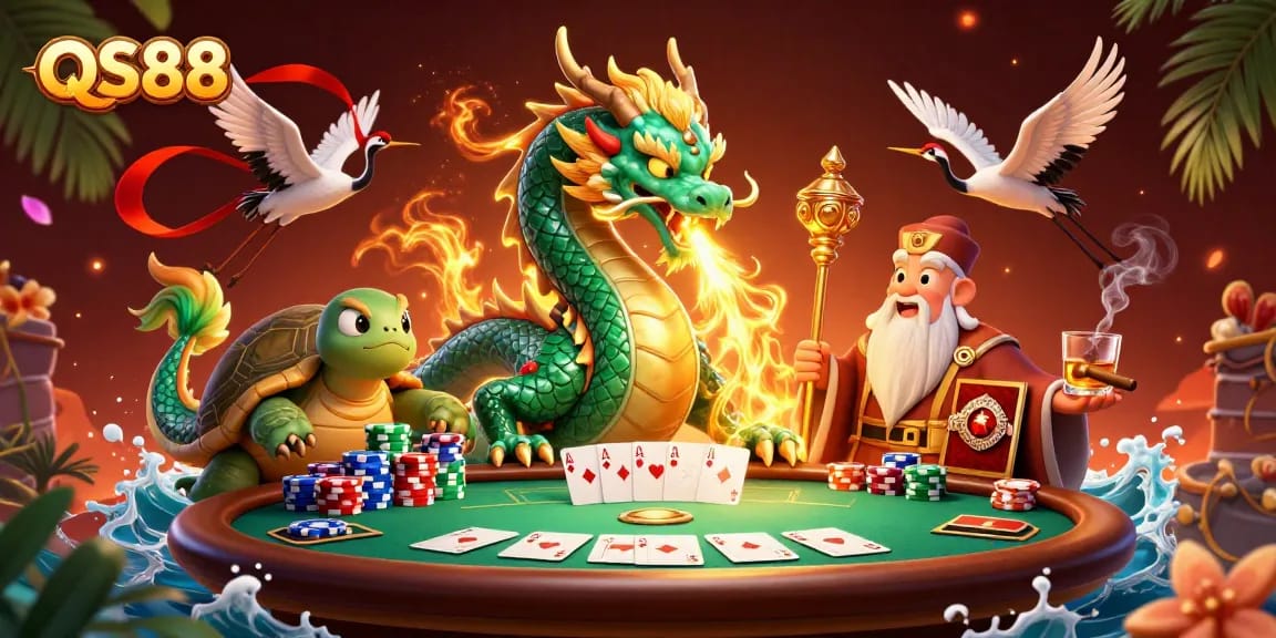 Experience the energy of QS88 with a vibrant scene featuring dragons, turtle sages, and poker elements.