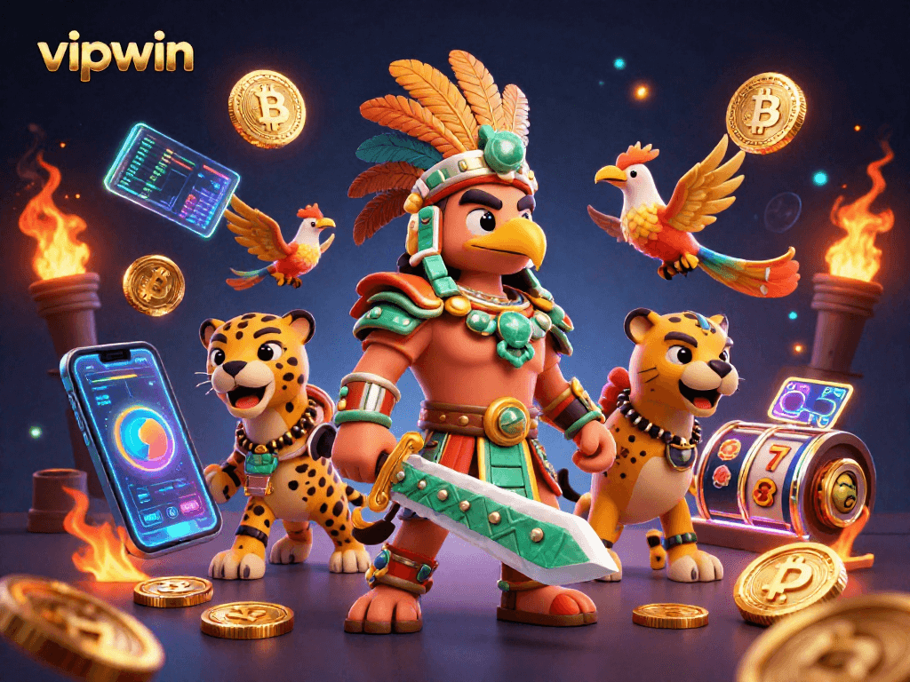Experience winning spins with vipwin in an energetic 3D casino scene filled with cryptocurrency elements.