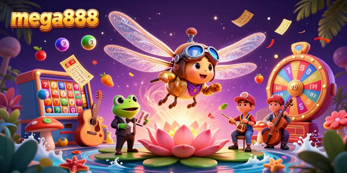 Mega888 engages players with an action-packed casino scene featuring dynamic slot elements and vivid characters.