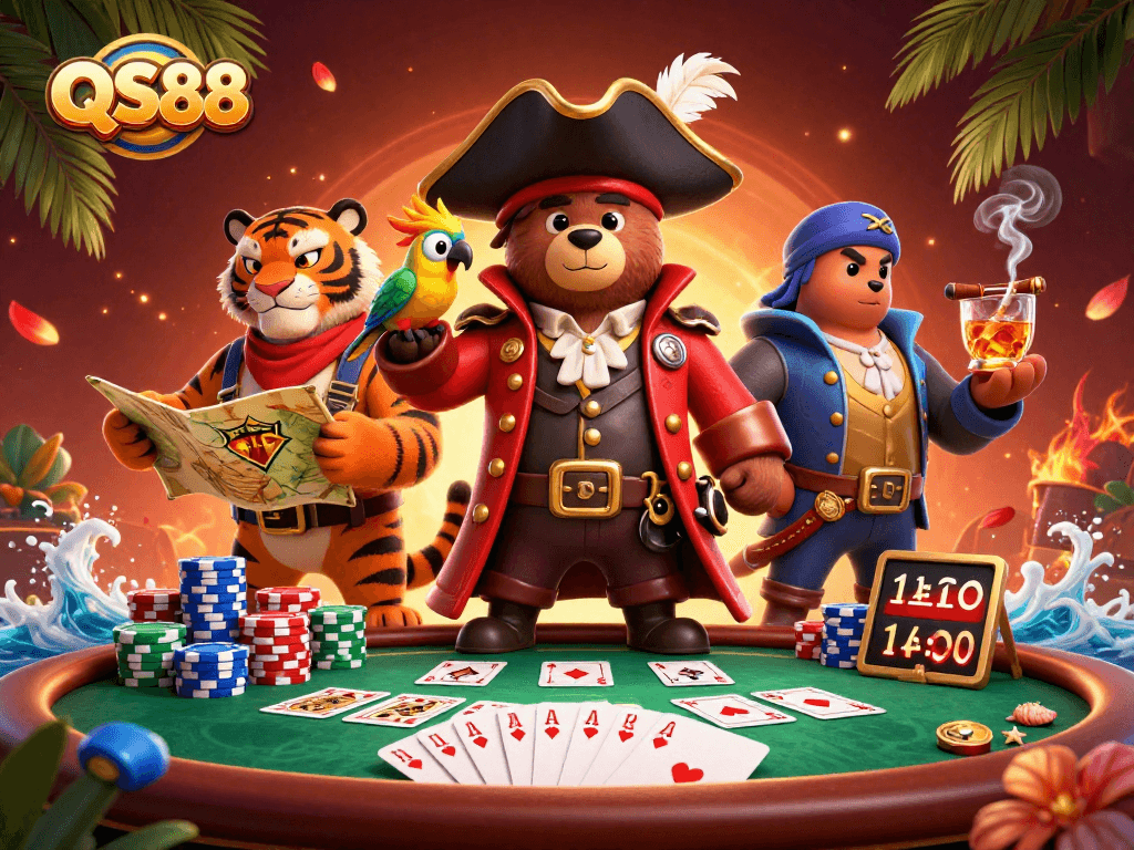 Experience excitement with QS88 as a pirate bear and tiger engage in a lively poker game.