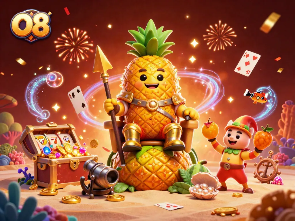 Experience thrilling gameplay with O8 as the golden pineapple king reigns at a vibrant beach casino.