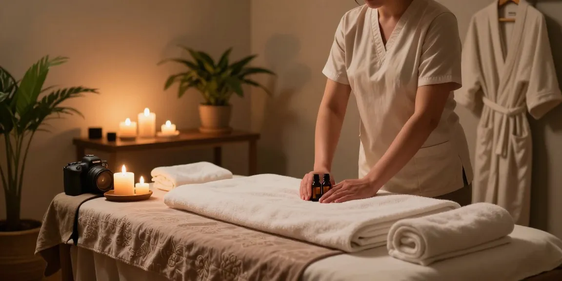 부천출장마사지 in a serene home spa with calming oils and ambient lighting, inviting relaxation.