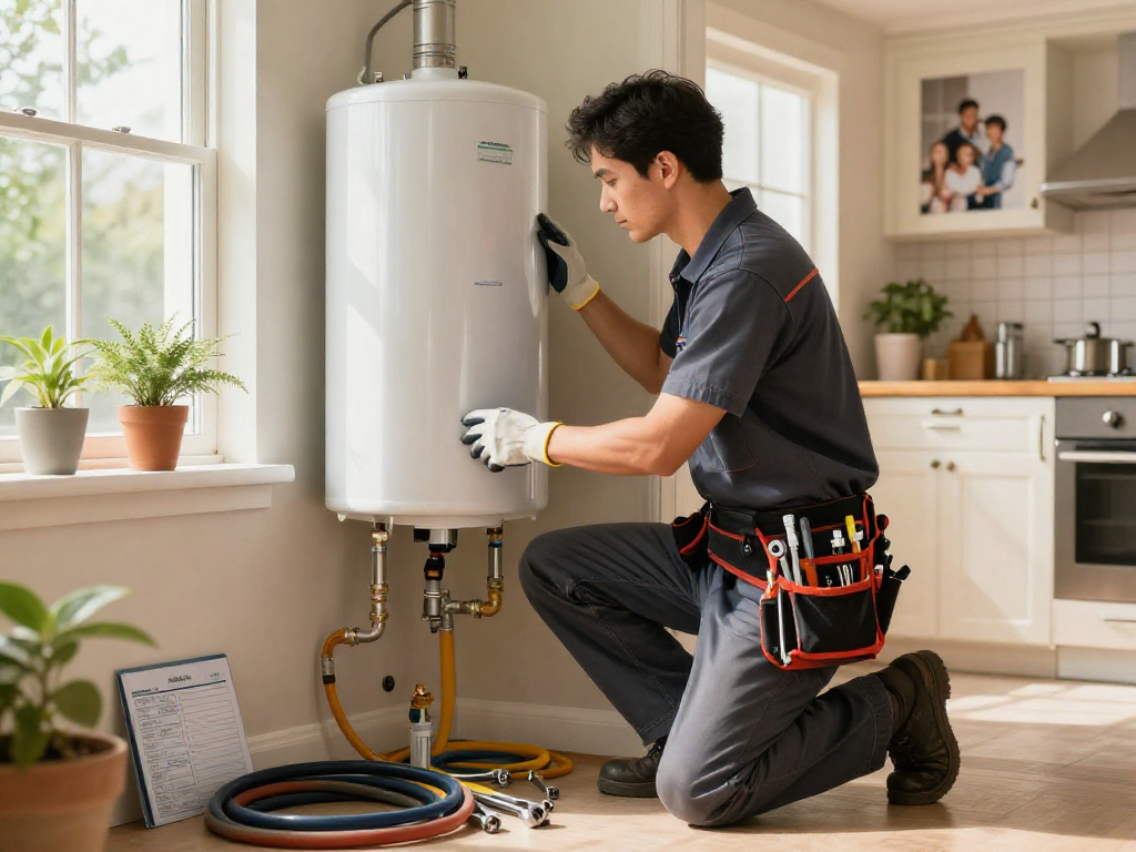 Discover expert water heater repair Fort Worth service with a technician inspecting a heater in a cozy home.