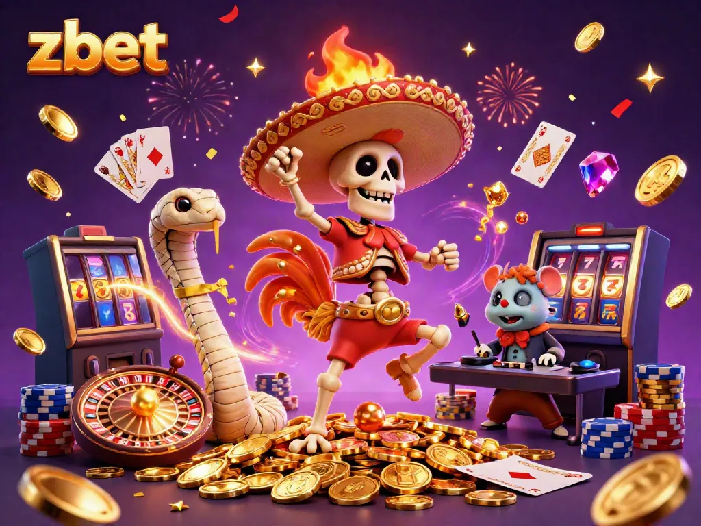 Experience the thrill of zbet with a vibrant 3D scene featuring cartoon characters celebrating around casino elements.