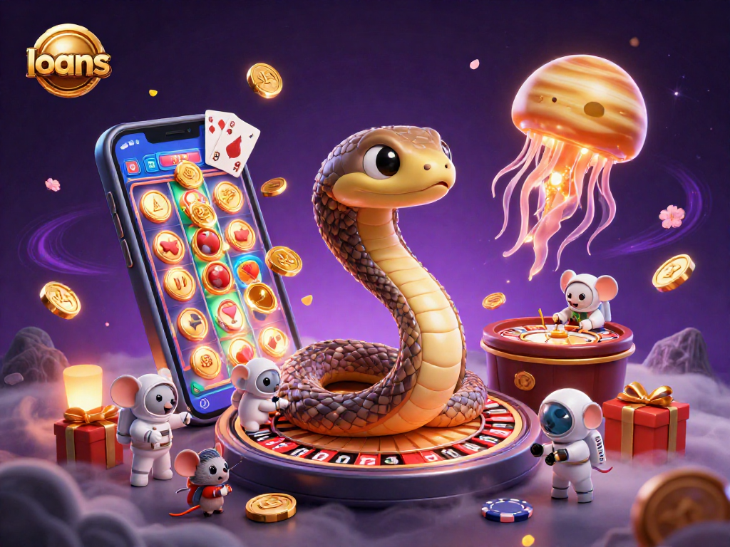 Experience loans with a fun 3D cosmic casino scene featuring playful astronaut mice and engaging game elements.
