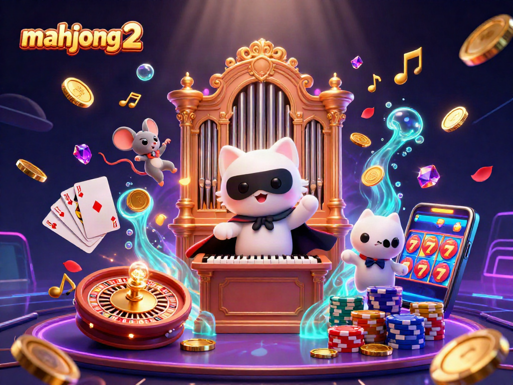 Engage in thrilling mahjong 2 gameplay with a phantom cat and mouse acrobat amidst casino riches.