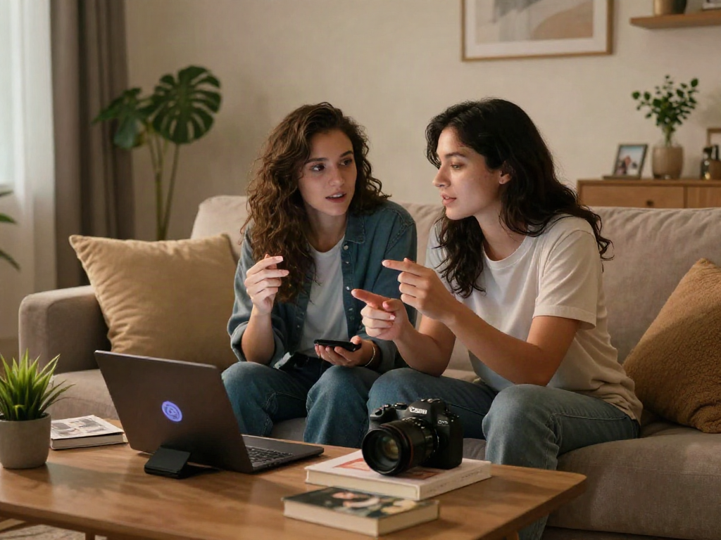 Couple using sex AI technology to enhance intimacy in a cozy home environment.