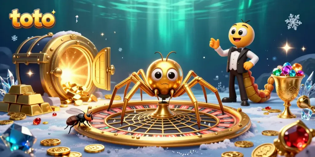 Experience betting on toto amidst a magical casino scene featuring vibrant treasures and engaging characters.