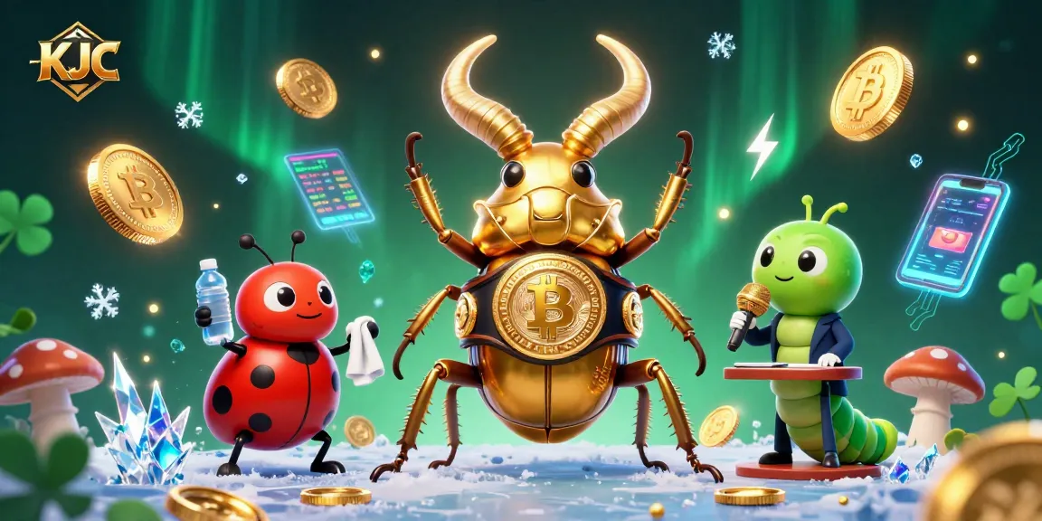 KJC highlights a thrilling casino match featuring a champion beetle, showcasing vibrant neon crypto elements.