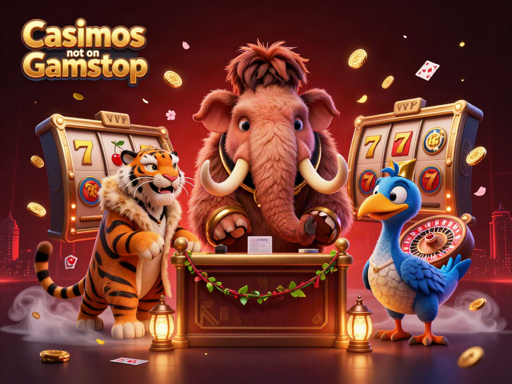 Catch the excitement at Casinos not on Gamstop with a lively 3D scene featuring charming characters and casino elements.