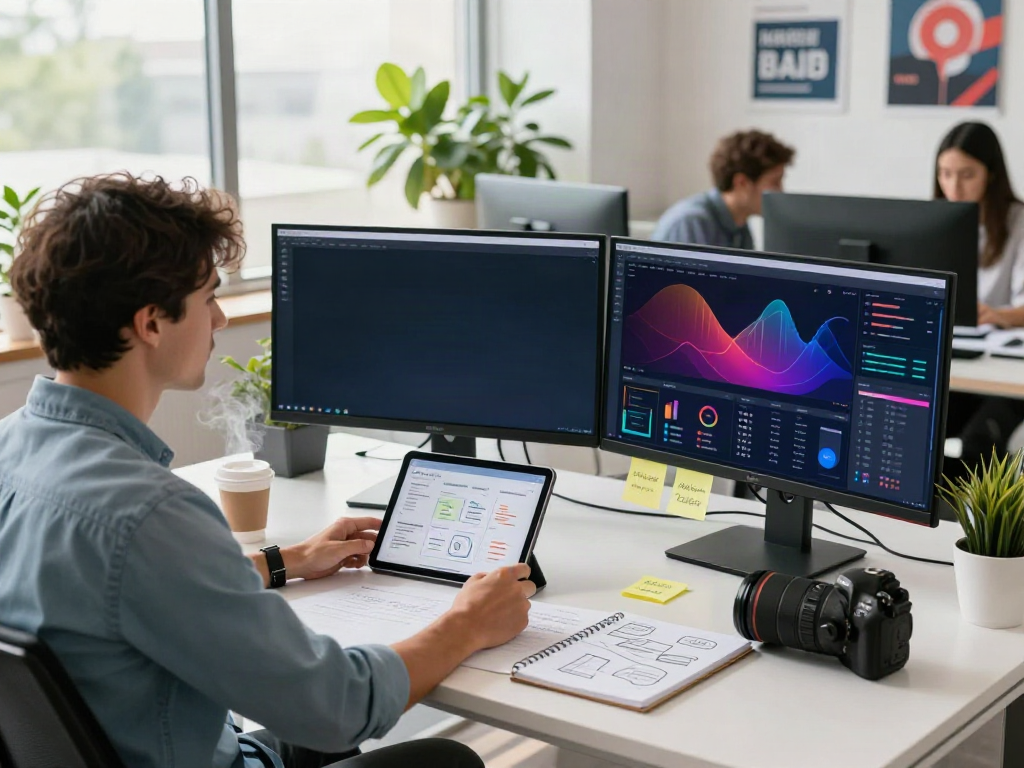 Visit the website to explore a bustling digital marketing workspace filled with creative strategies and campaign data.
