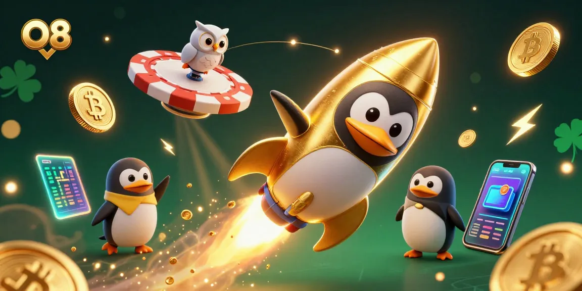 Join O8's exciting adventure with a golden penguin and crypto elements in a vibrant casino space.