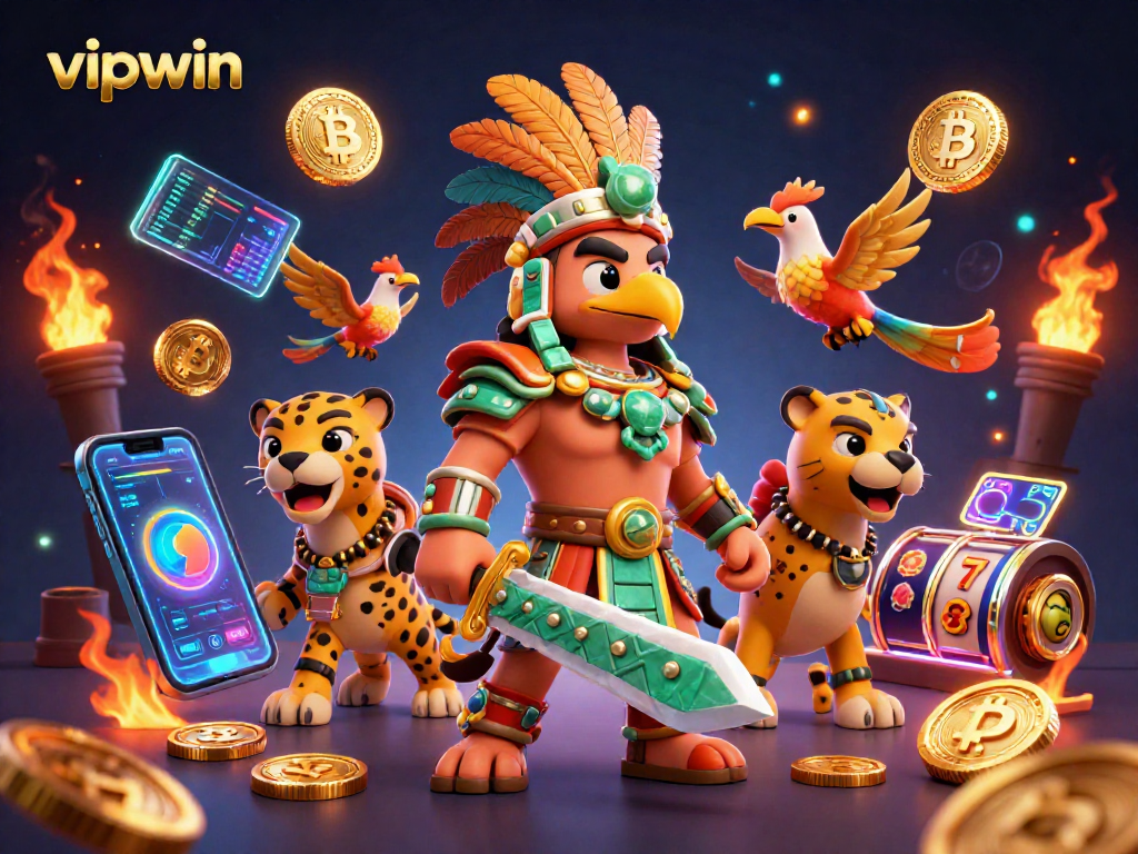 Experience winning spins with vipwin in an energetic 3D casino scene filled with cryptocurrency elements.