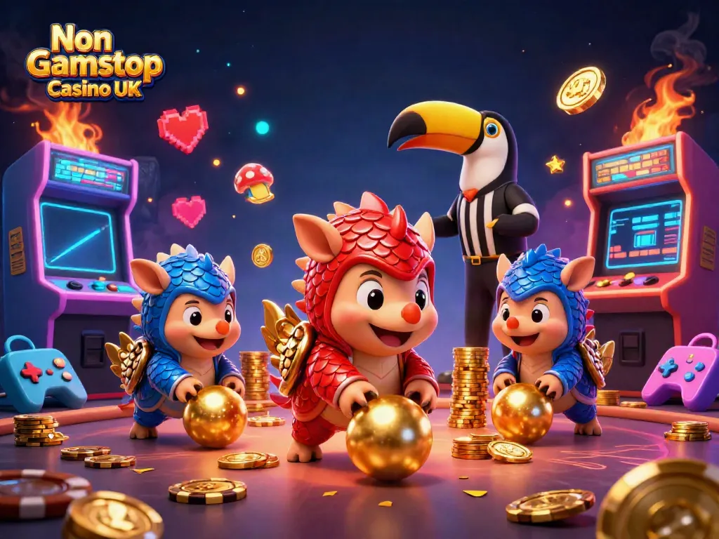 Experience the thrill of Non Gamstop Casino UK with vibrant pangolins and colorful gaming elements.
