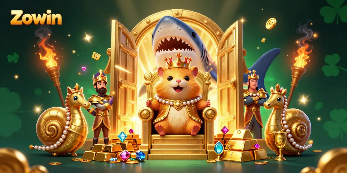 Experience the thrill of Zowin with a golden hamster king surrounded by sparkling treasures in this dynamic 3D illustration.