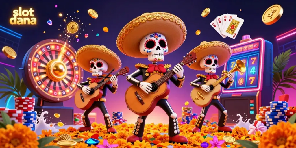 Experience the excitement of slot dana with a vibrant skeleton mariachi band, golden coins, and exciting game elements.