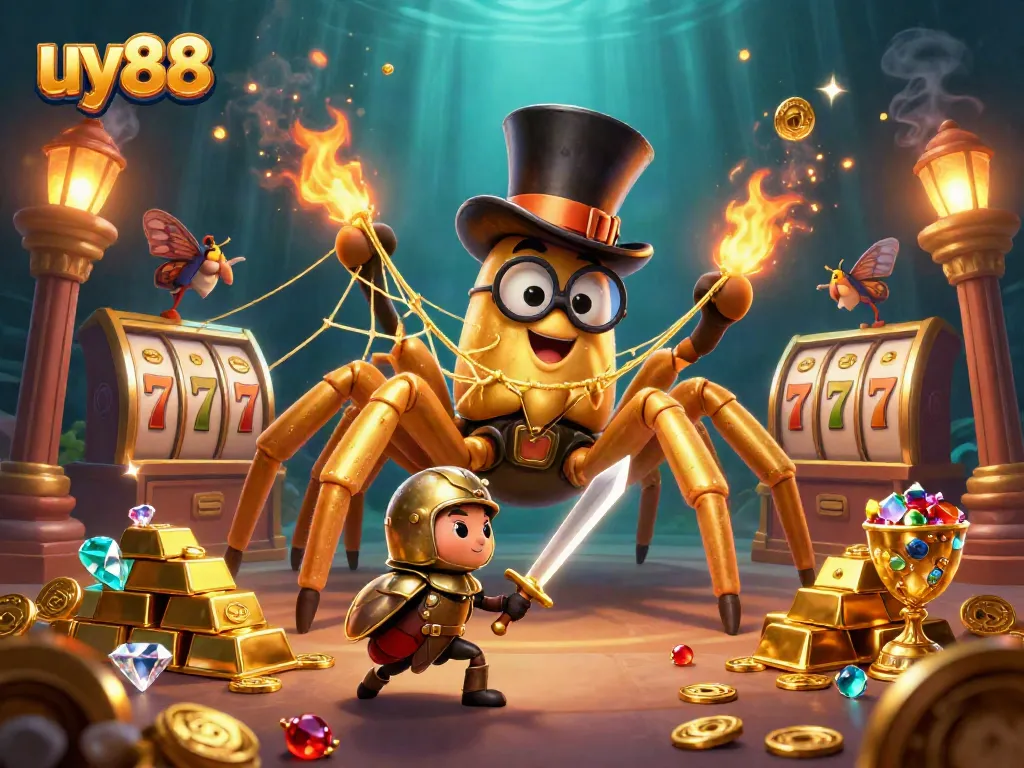 Experience the vibrant uy88 casino adventure with a golden tarantula and a beetle knight.