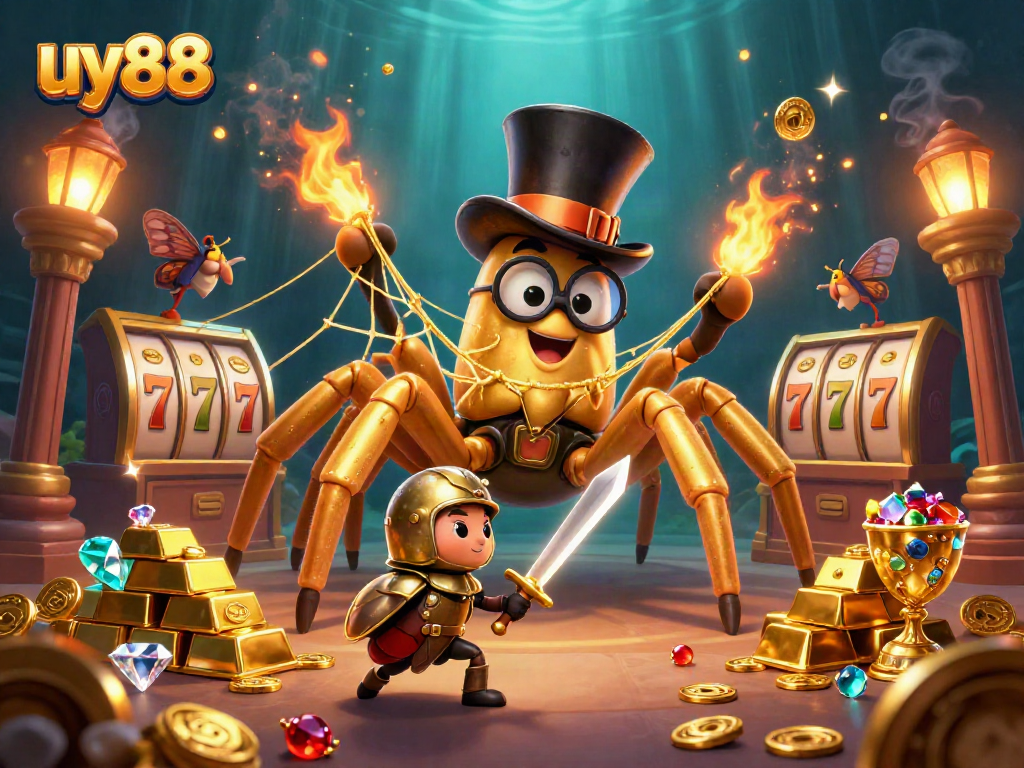 Experience the vibrant uy88 casino adventure with a golden tarantula and a beetle knight.