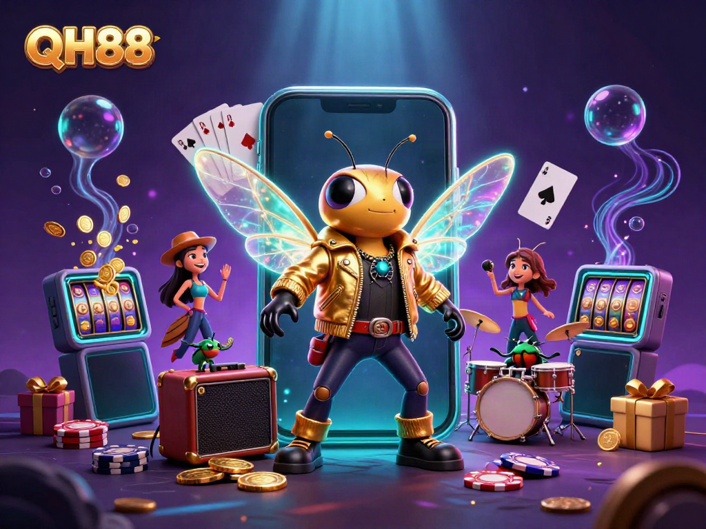 Experience the thrill of QH88 with a vibrant scene of casino gaming elements and characters.