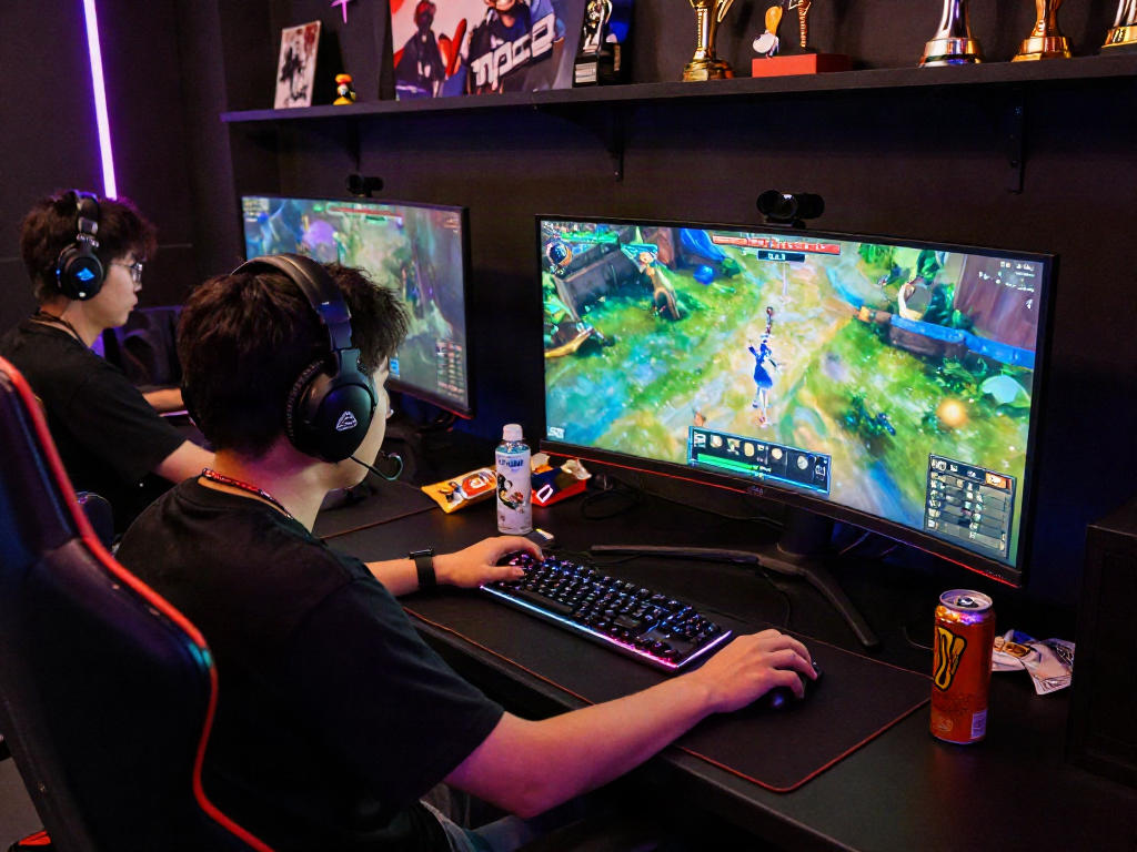 Gamer at https://789win11.org/ engaging in a thrilling esports match with dynamic graphics and vibrant atmosphere.