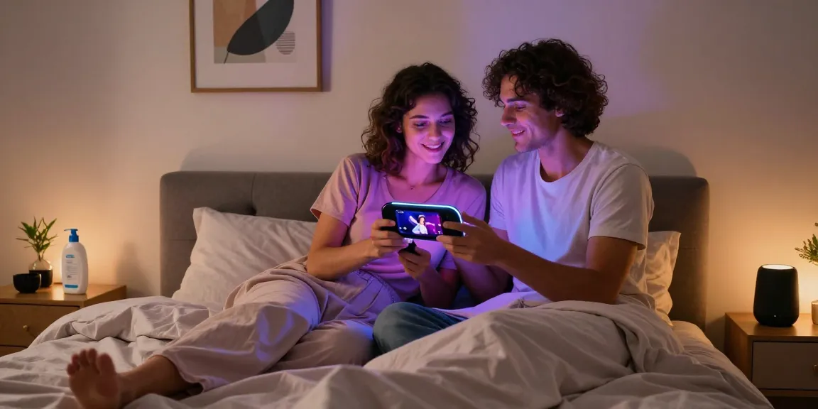 Couple exploring sex AI innovation in a cozy bedroom, showcasing modern technology and intimacy.