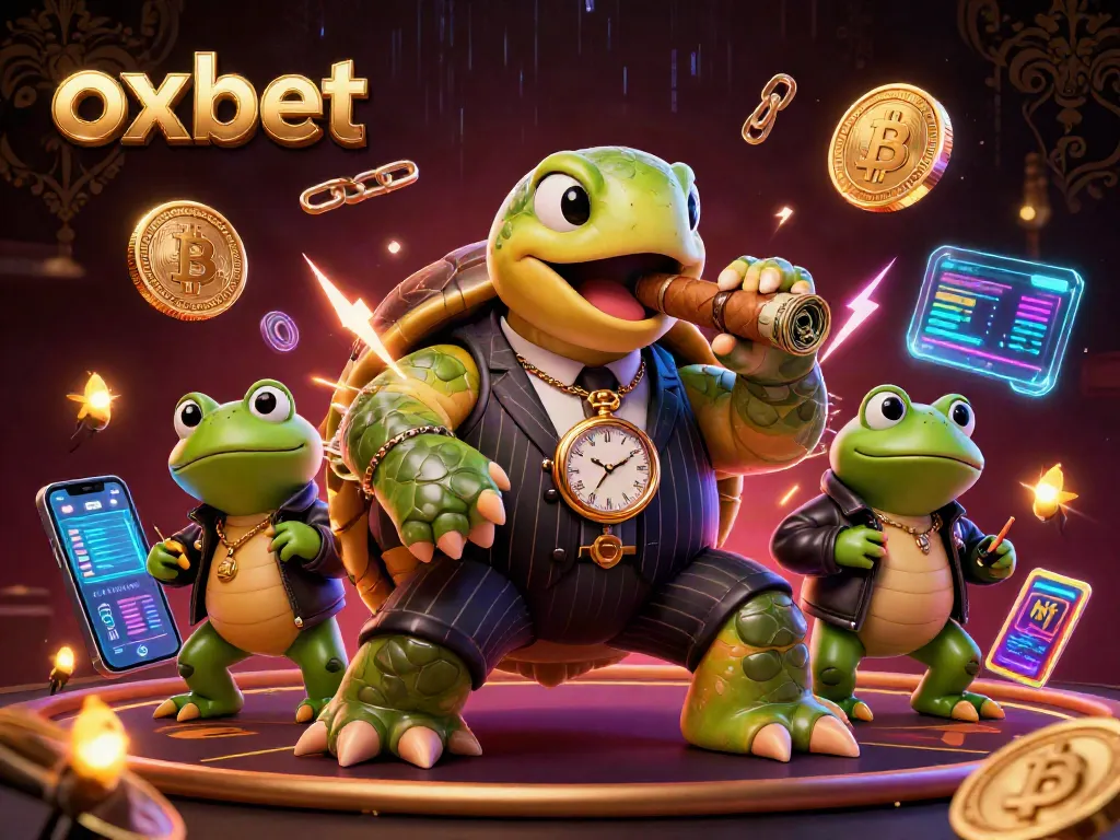 Experience the excitement of oxbet casino with a vibrant 3D illustration featuring a turtle mobster and energetic elements.