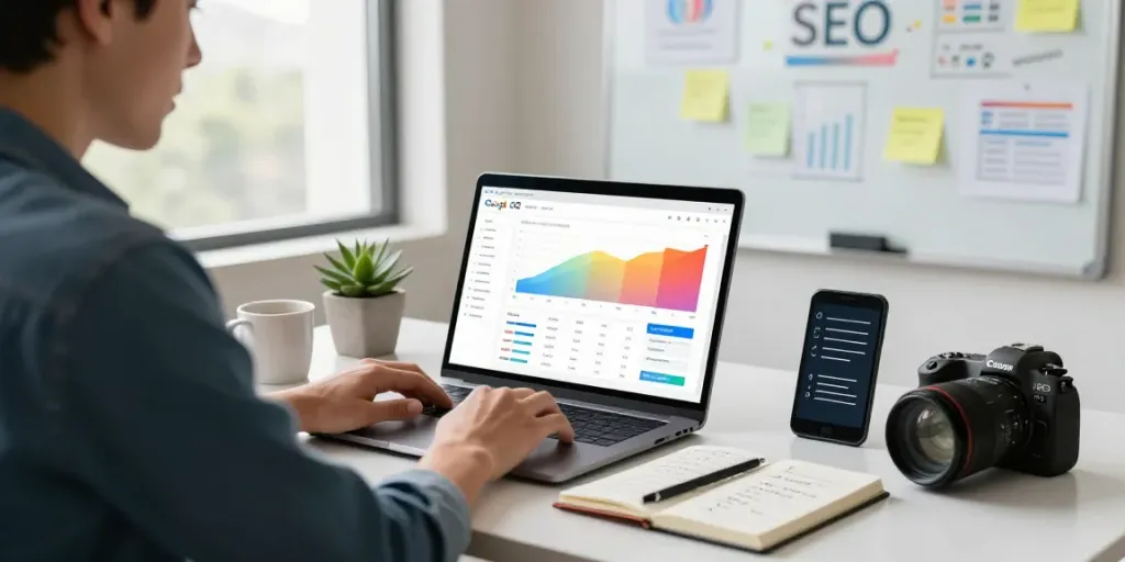 Professional digital marketer optimizing instant indexing strategies in a bright office.