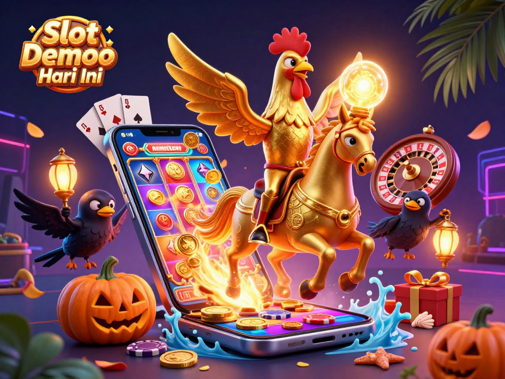 Engage with Slot Demo Gacor Hari Ini as golden rooster characters populate a vibrant casino scene.