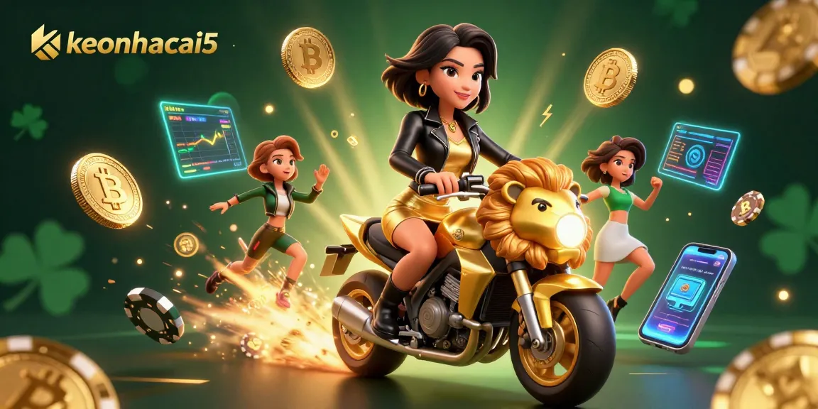 Bet on keonhacai5 with a glamorous woman racing on a lion, crypto coins and casino elements flying around.
