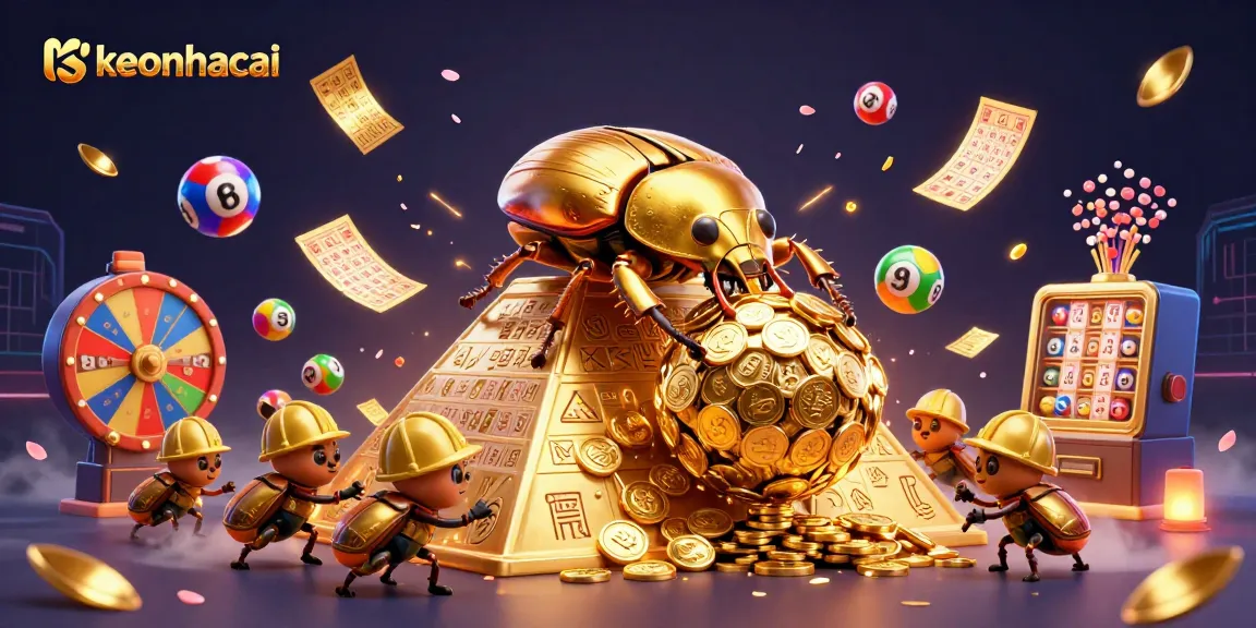 Experience keonhacai as vibrant lottery balls bounce around a golden beetle scene, enhancing your casino excitement.