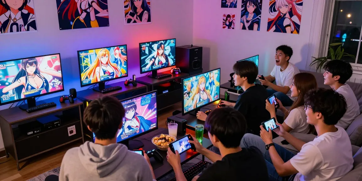 Group of friends enjoying hentai games on multiple devices in a vibrant gaming setup.