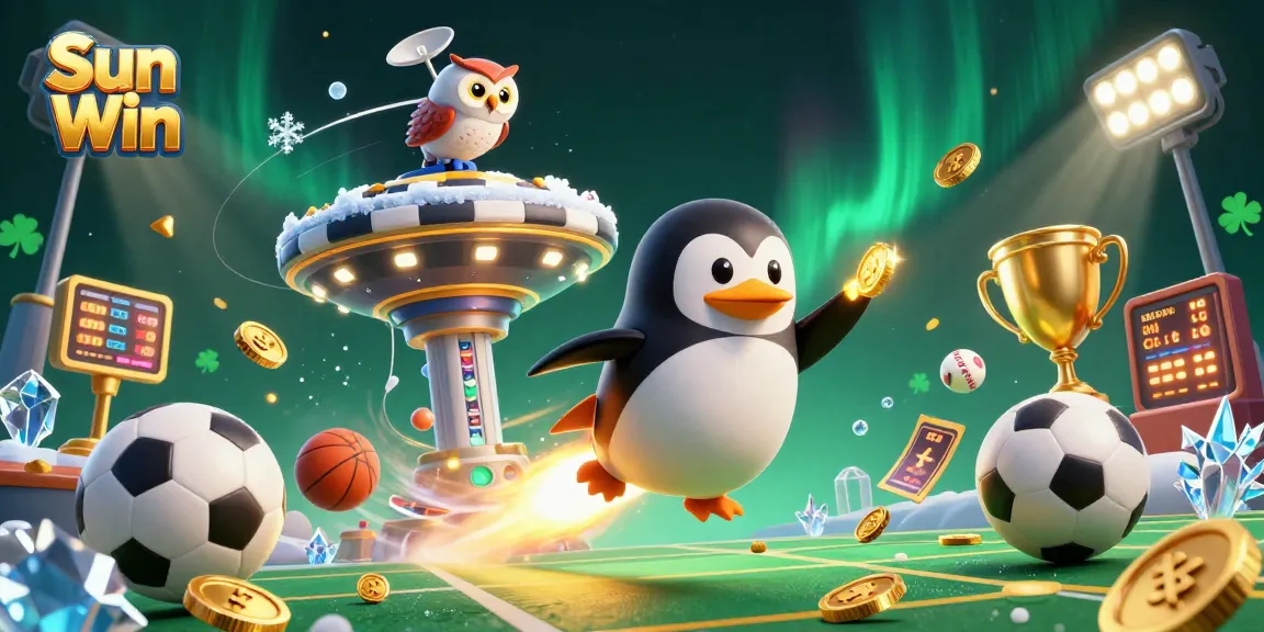 Experience the excitement of Sun Win with our vibrant penguin mascot reaching for casino glory.