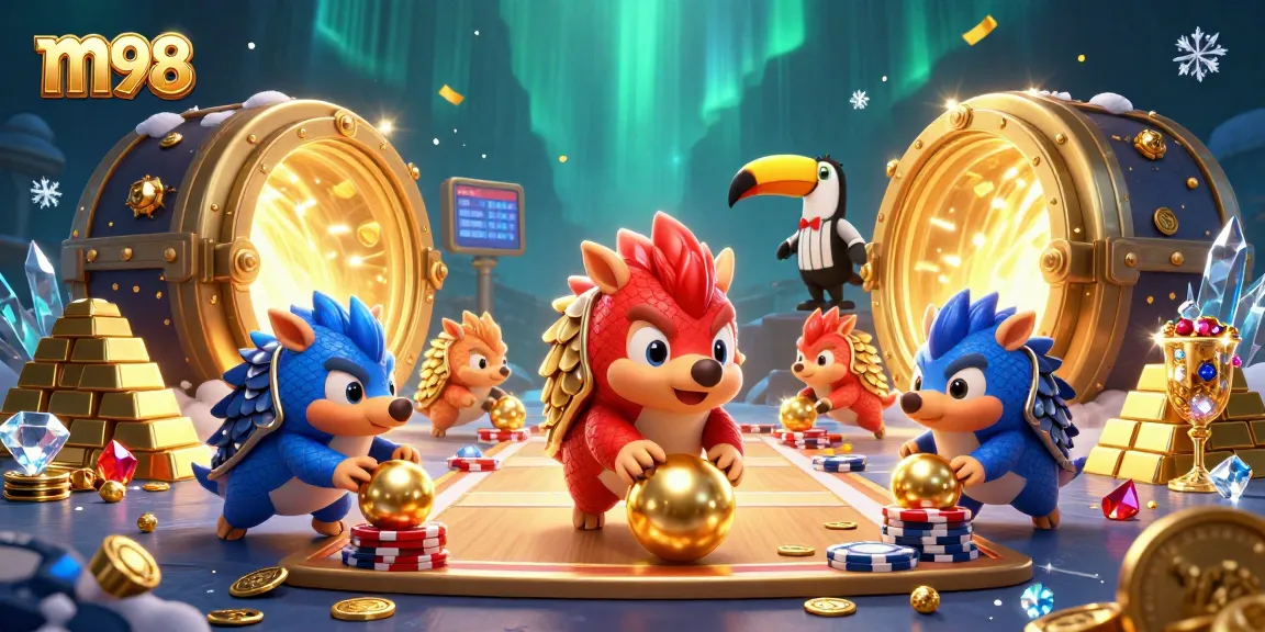 Experience thrilling m98 gameplay with cartoon pangolins amidst gleaming casino treasures.