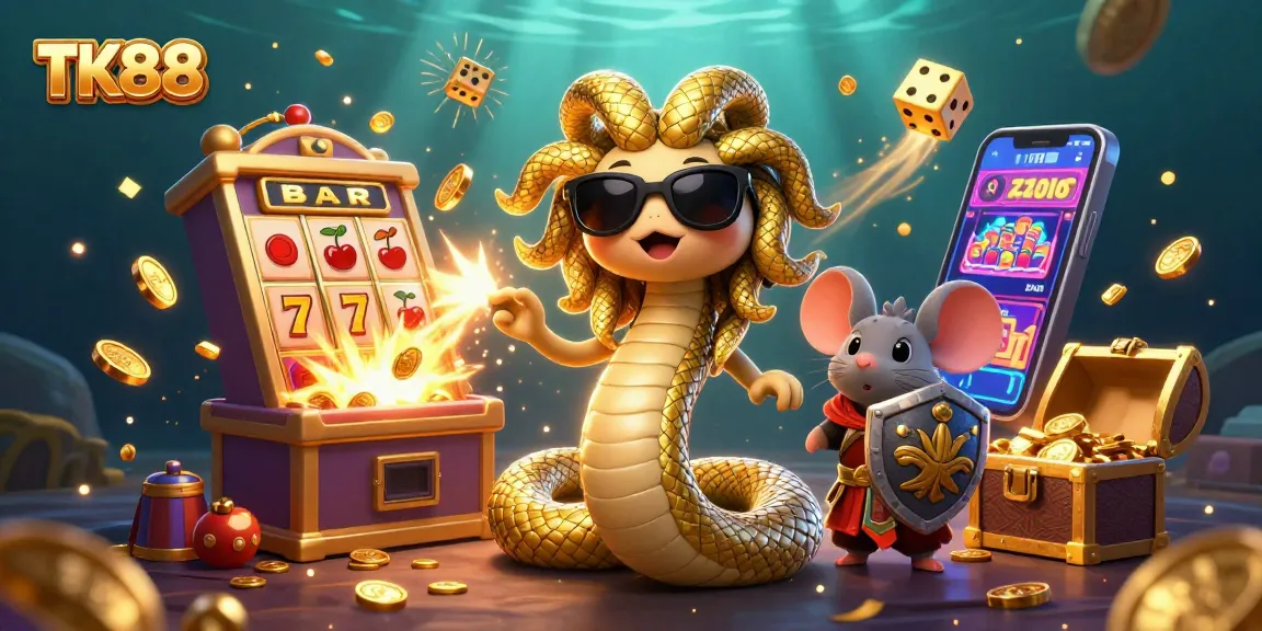 Experience exciting slots at TK88 with cute Medusa and a warrior mouse surrounded by jackpots.
