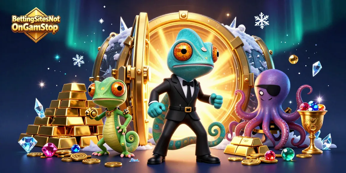 BettingSitesNotOnGamStop reveals vibrant 3D casino action featuring a sleek chameleon agent amidst treasure elements.