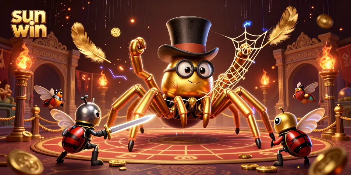 Witness the excitement of sun win as a golden tarantula weaves its web with a beetle knight amidst rich casino elements.