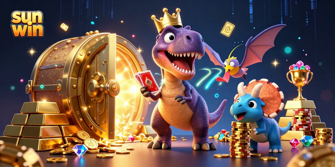 Sun win invites players to win big as a T-Rex shuffles cards with a pterodactyl and triceratops amidst treasure