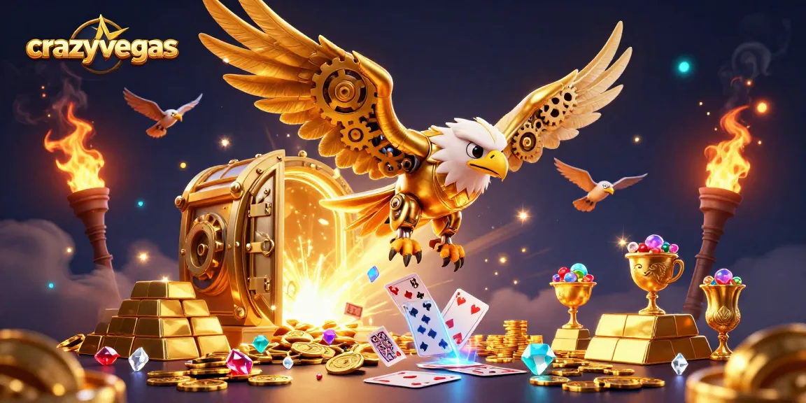 Win with crazyvegas as a golden eagle darts through dazzling playing cards and treasure.