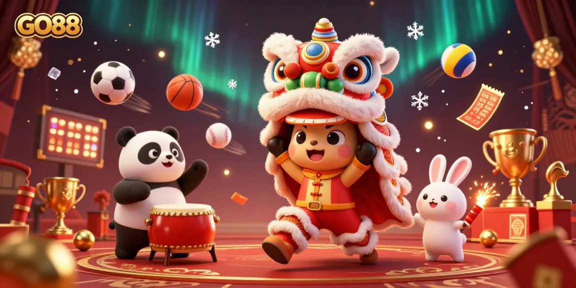 Experience the excitement at GO88 with a lively scene featuring a lion dance and festive sports elements.