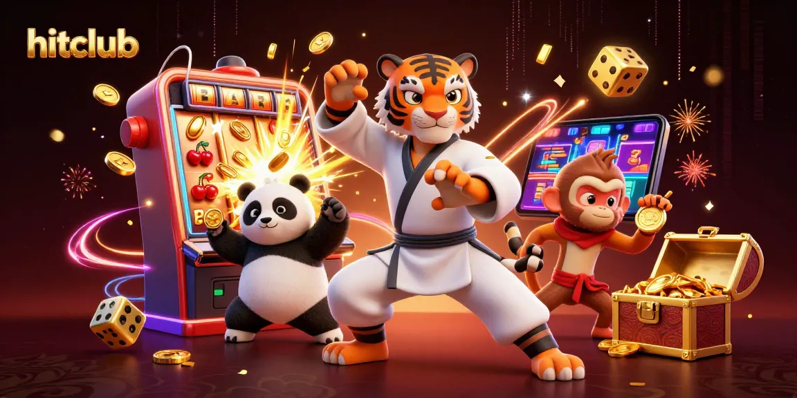 Hitclub features exciting characters engaging with a dynamic casino scene filled with jackpots and colorful games.